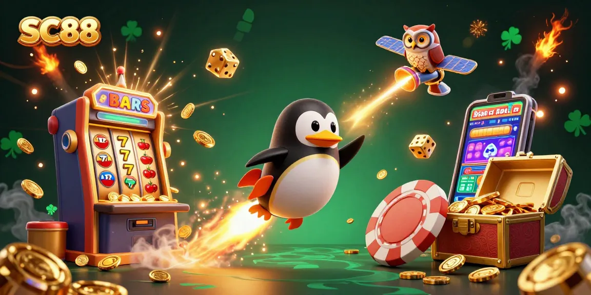 The SC88 space-themed illustration showcases a golden penguin blasting towards a casino space station while surrounded by vibrant casino elements.