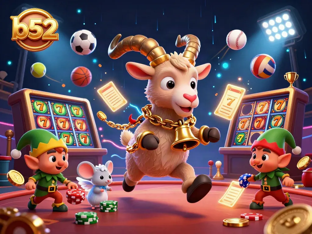 Engage in fun at the b52 casino with a bustling scene featuring festive characters and dynamic gaming elements.