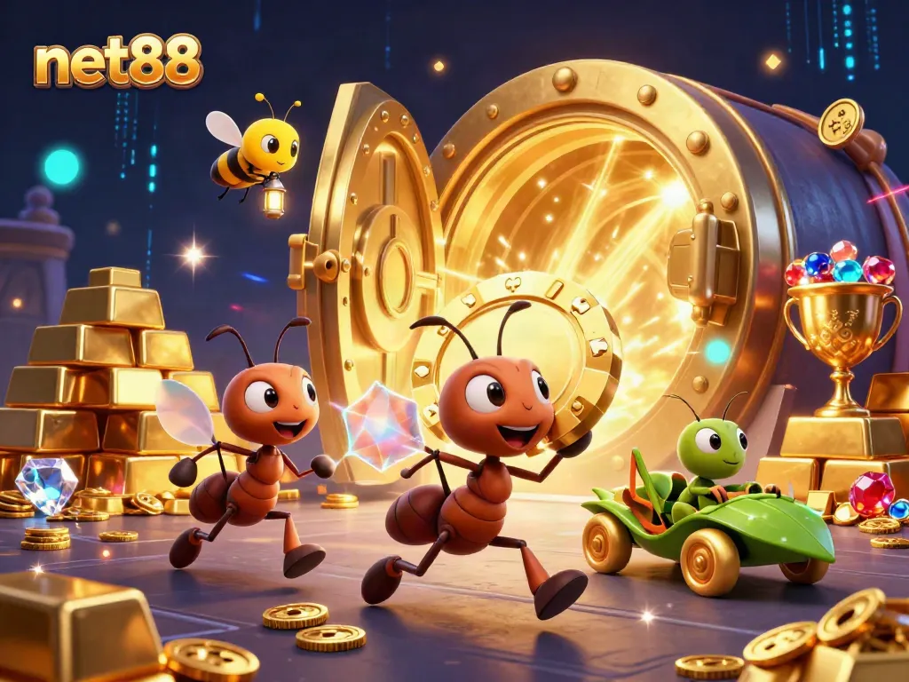Ants on a heist for a golden poker chip in a vibrant casino fantasy scene for net88.