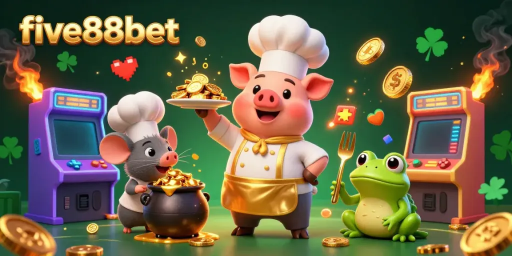 Experience the thrill of five88bet with a gourmet display of gold coins served by a chef pig in an engaging casino atmosphere.