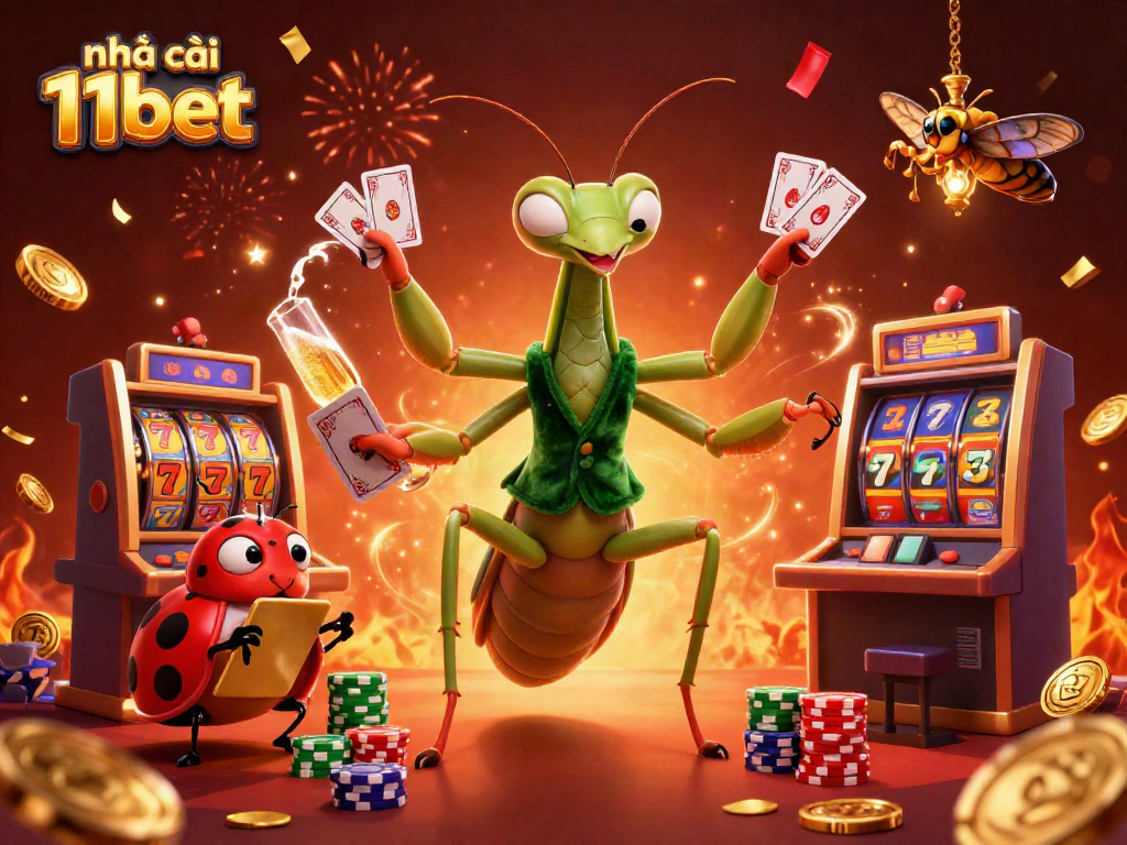 The lively scene of nhà cái 11bet showcases a colorful casino with a giant mantis dealing cards, surrounded by slot machines and festive decorations.