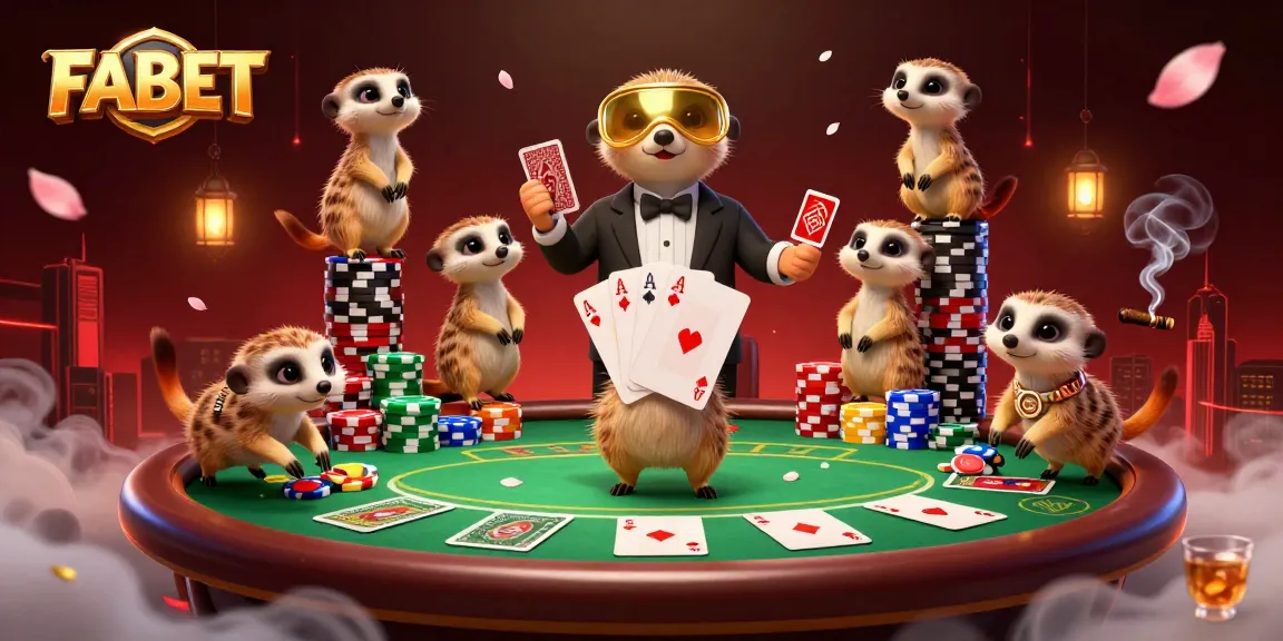 FABET casino meerkats manage a poker operation with vibrant chips and a dynamic atmosphere.