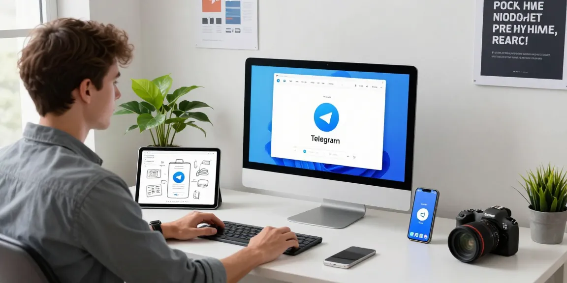 Download Telegram on a sleek modern computer setup in a bright digital workspace, showcasing the app interface and tech gadgets.
