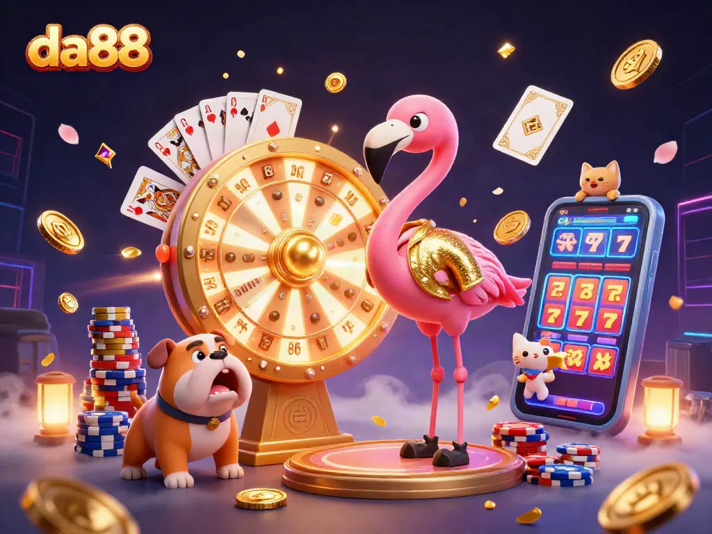 Spin to win with da88 in this vibrant 3D casino illustration featuring exciting prize activities.