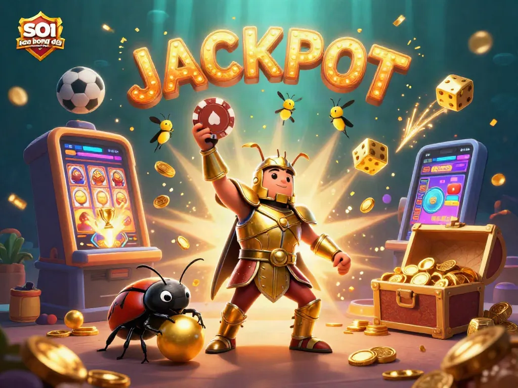 Soi keo bong da mysoccertips showcases a vibrant 3D scene with gambling elements and victory poses.