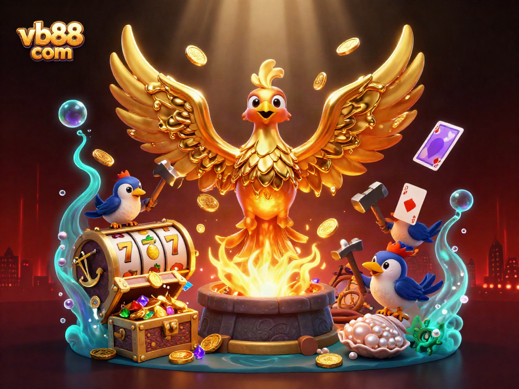 Engage with vb88 com in an electrifying 3D casino scene with vibrant gold-rich elements.