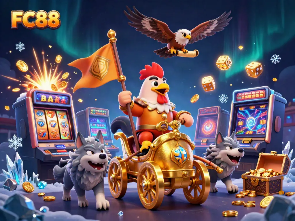 Experience thrilling slots action with FC88's dynamic casino illustration featuring vibrant symbols and characters.