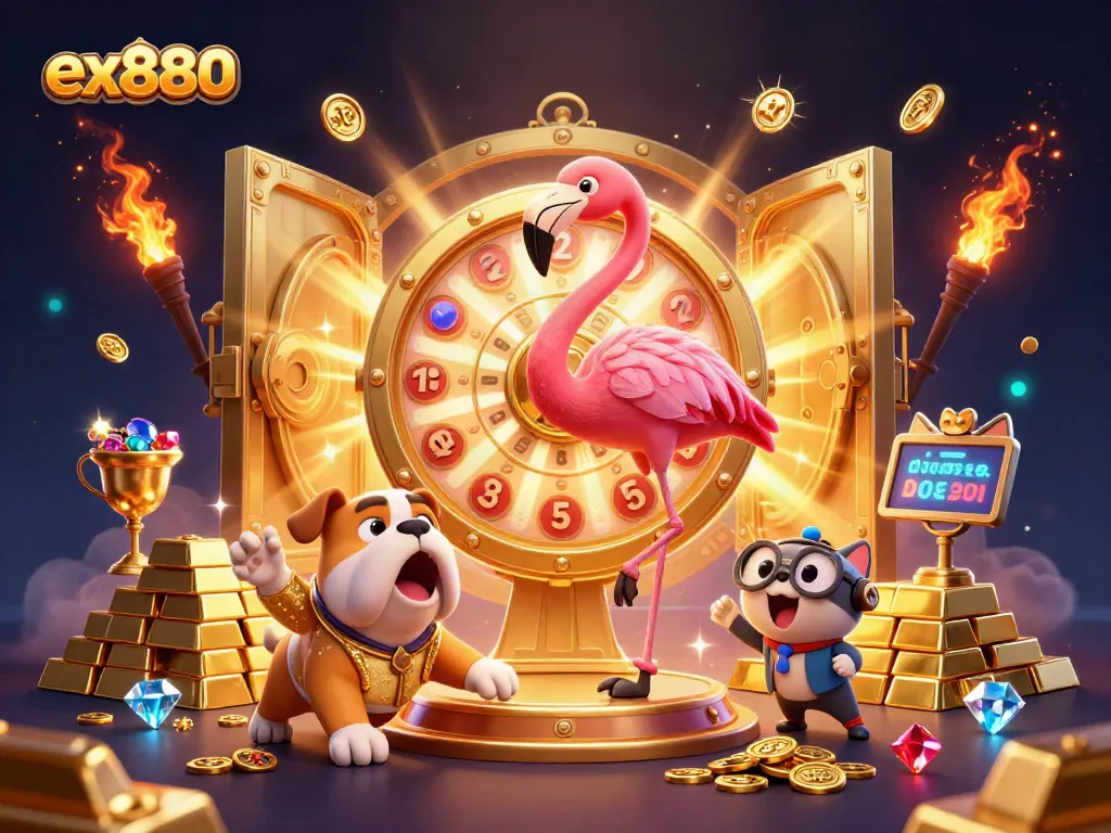 Spin the ex880 prize wheel with excitement in this dynamic casino scene full of treasures.