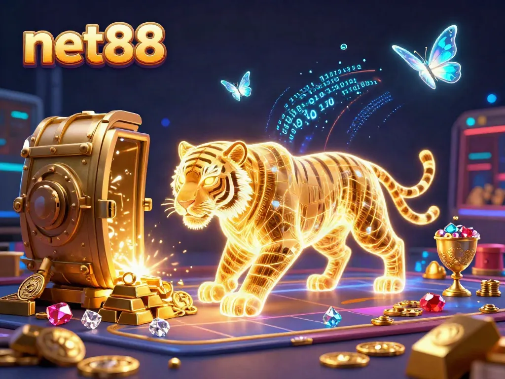 Engage in thrilling online gambling at net88 with vibrant visuals of a glowing tiger and treasure.