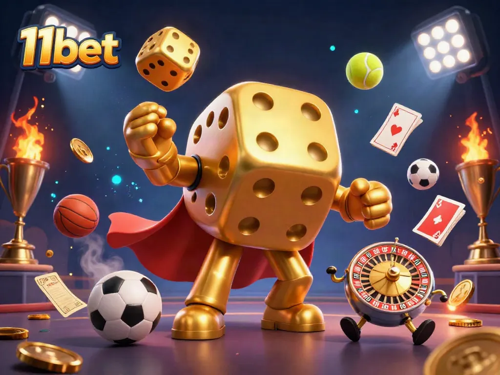 Engage with 11bet's vibrant casino atmosphere, featuring a dice golem, golden coins, and sports elements.