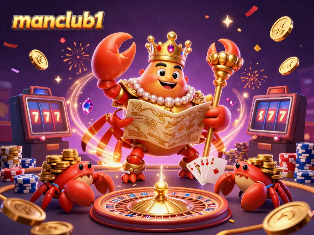 Experience the exciting world of manclub1 with a golden crab emperor and casino treasures in this vibrant scene.