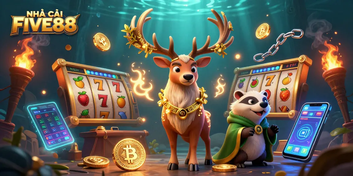 Engage with NHÀ CÁI FIVE88, featuring winning slot games and vibrant casino elements in a rich, detailed scene.