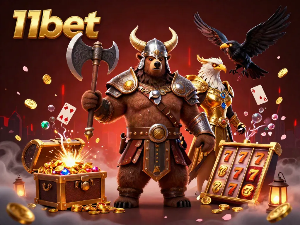 Engage with 11bet's thrilling gaming world featuring a Viking bear and a Valkyrie eagle amidst shimmering treasures.