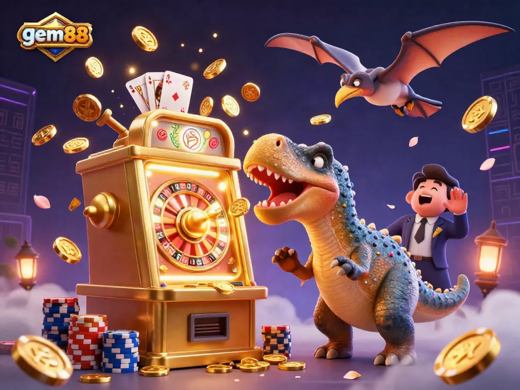 Experience the thrill of gem88 as cartoon dinosaurs playfully engage with a golden slot machine, showering coins.