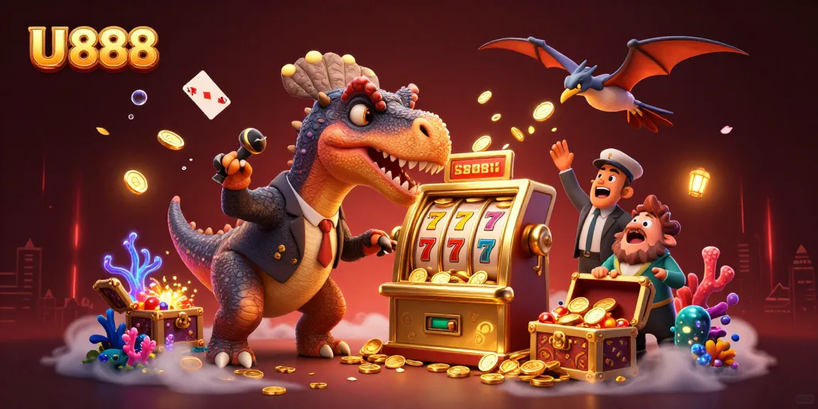 "U 888" scene showcasing a pachycephalosaurus and slot machine delivering jackpot coins amidst an exciting casino environment.