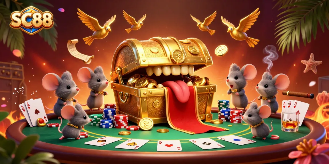 Engage with SC88 in an exciting 3D scene of a golden treasure-filled casino environment.
