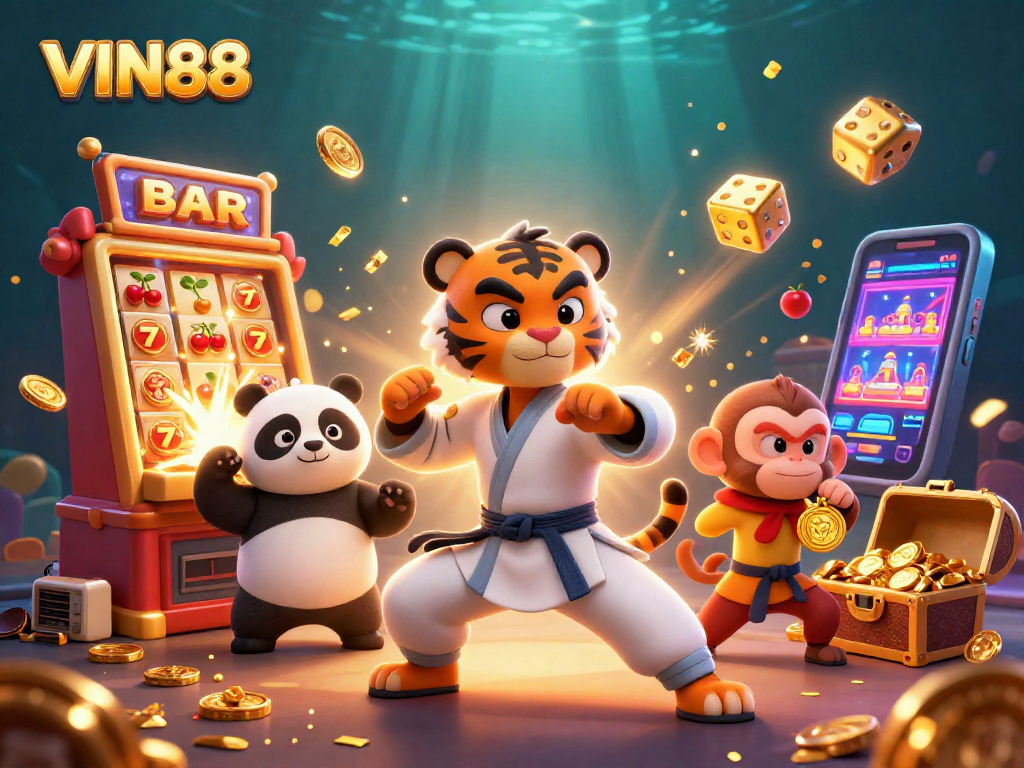 Experience the thrill of VIN88 with an engaging jackpot explosion scene featuring playful characters.