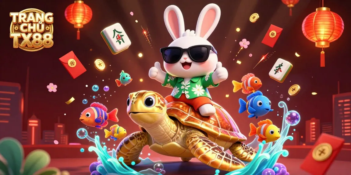 Experience the excitement of TRANG CHỦ TX88 with a vibrant 3D illustration featuring a lucky rabbit and a golden turtle.