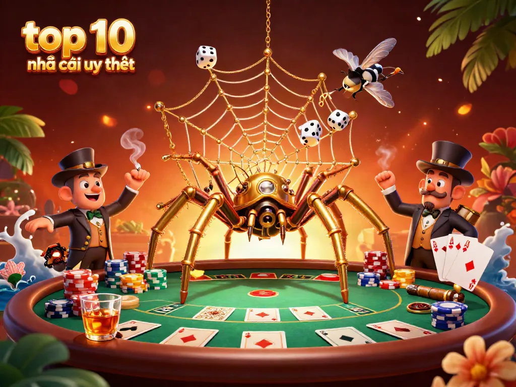Engaging players with top 10 nhà cái uy tín through a vibrant 3D illustration of luck and strategy in gambling.