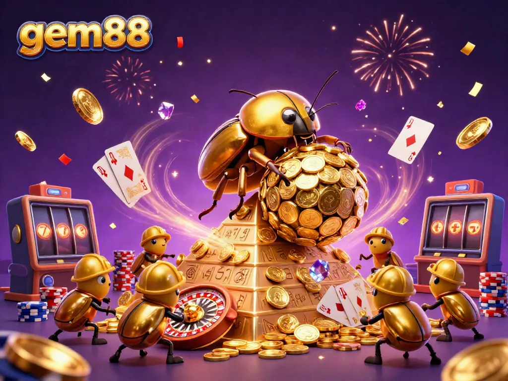 Experience the excitement of gem88 with golden beetles rolling coins, surrounded by colorful casino elements in a festive scene.