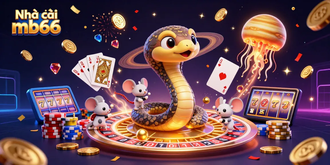 Experience the thrill of Nhà cái mb66 with betting astronaut mice and vibrant casino elements in a cosmic scene.
