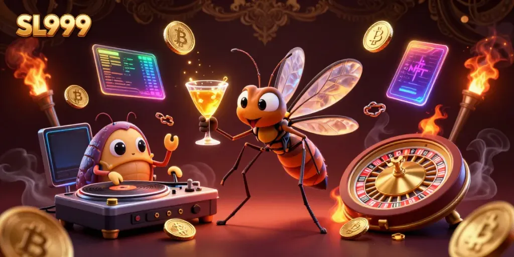 SL999 casino mascot with a golden cocktail alongside a trilobite DJ and vibrant crypto elements