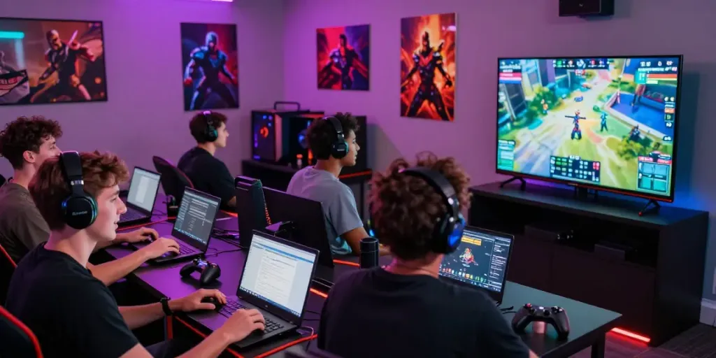 Engaged male gamers enjoying the manclub gaming experience in a vibrant lounge setting.