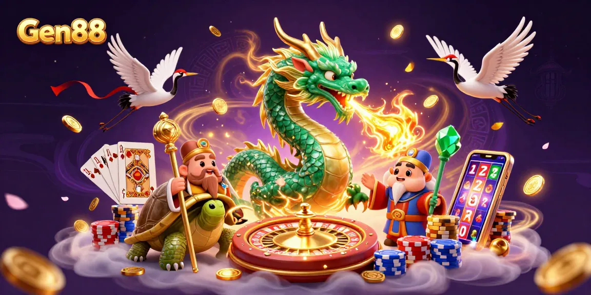 Explore the captivating world of Gen88 with a vibrant 3D illustration showcasing casino elements and mystical characters.