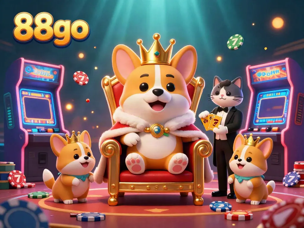 Play thrilling casino games with 88go while surrounded by a royal corgi and playful elements.