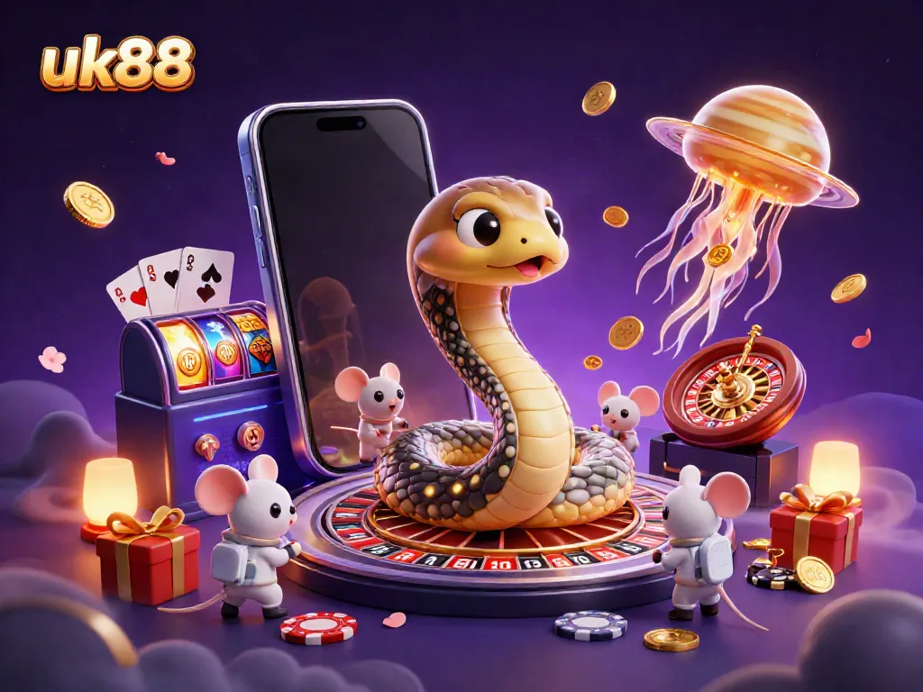 Experience thrilling action with uk88's vibrant casino scene featuring a cosmic dealer and playful bets.