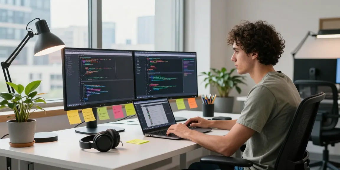 Developer using WhatsApp網頁版 in a vibrant tech workspace with dual monitors and city view.
