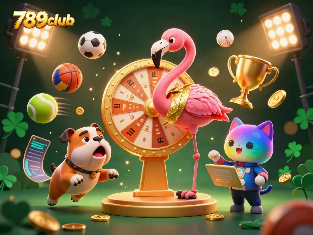 Exciting scene showcasing 789club with cartoon characters celebrating gaming, vibrant sports elements throughout.
