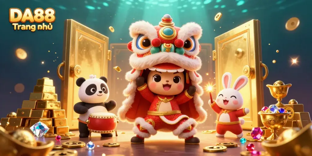 Engage in thrilling action at DA88 Trang chủ with festive lion dance and dazzling casino riches.