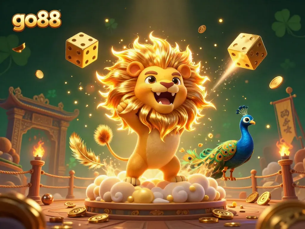 Experience thrilling gameplay at go88 with a roaring lion, golden dice, and vibrant casino elements.