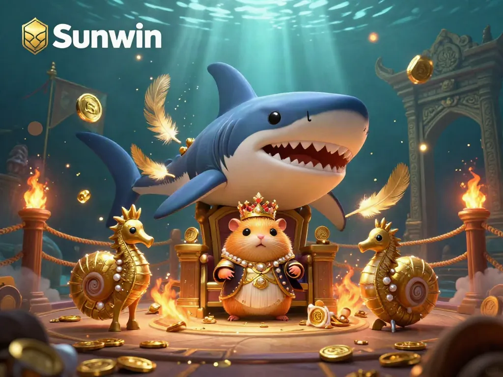Experience the dynamic world of Sunwin with a fierce hamster king and royal sea companions in this vibrant 3D casino illustration.