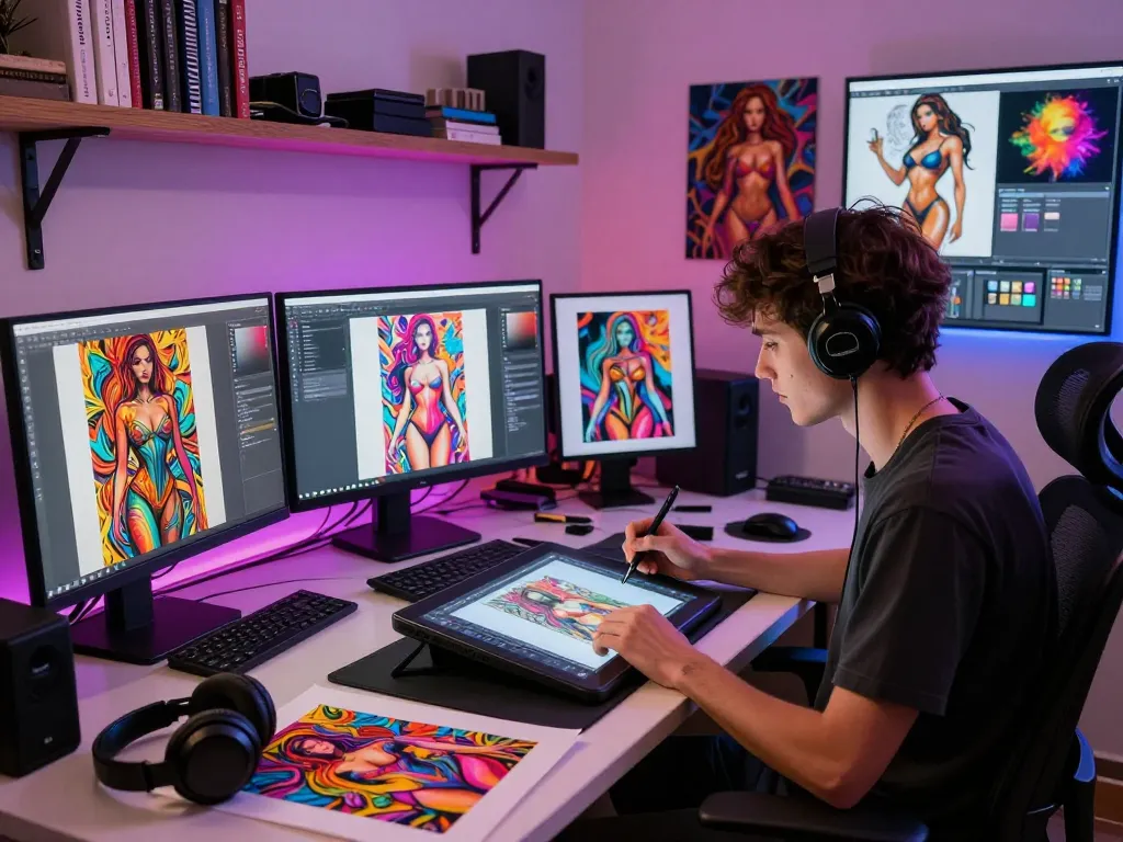 Artist creating AI porn artwork in a vibrant digital studio filled with creative elements.