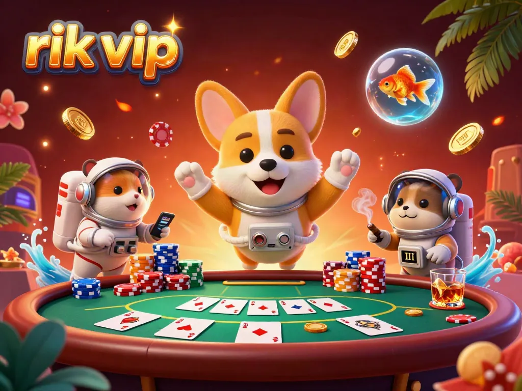 Experience the dynamic world of rik vip, featuring a playful astronaut corgi in a casino setting with poker elements.