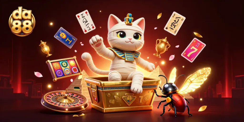 Engage with da 88's dynamic casino atmosphere featuring an Egyptian mummy cat and gold elements.