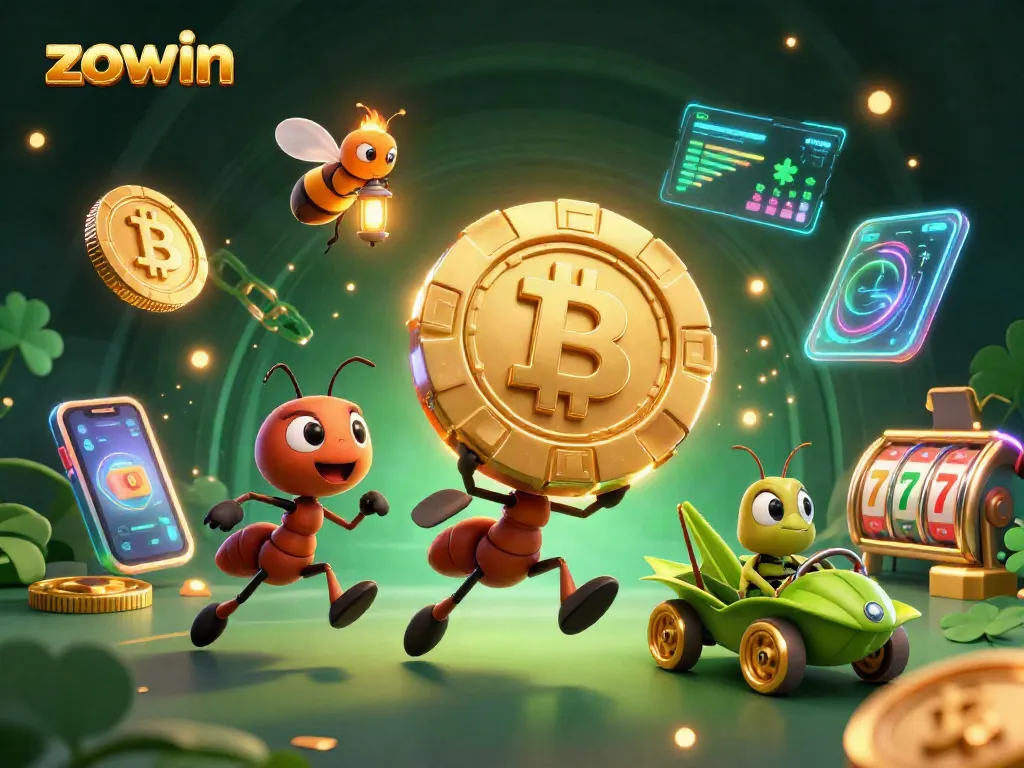 Zowin activates excitement with cartoon ants heisting a giant poker chip amidst glowing crypto elements.