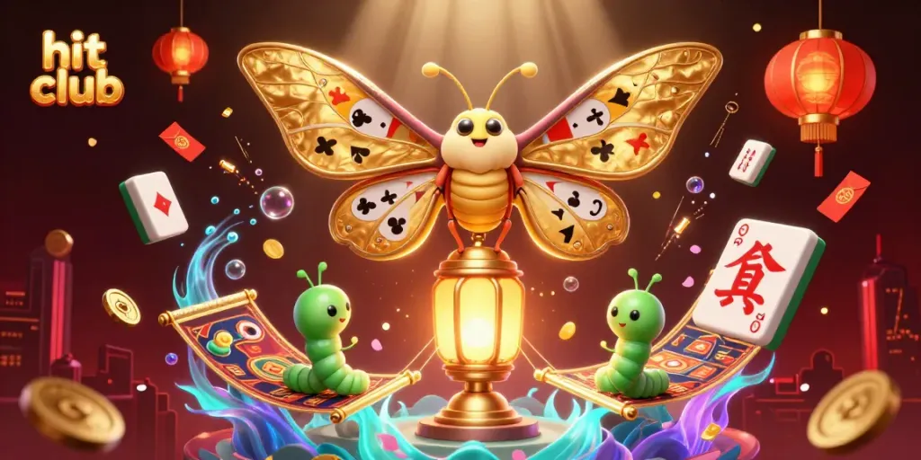 Engage with hit club's vibrant gaming atmosphere featuring golden moths and floating casino elements for a thrilling experience.
