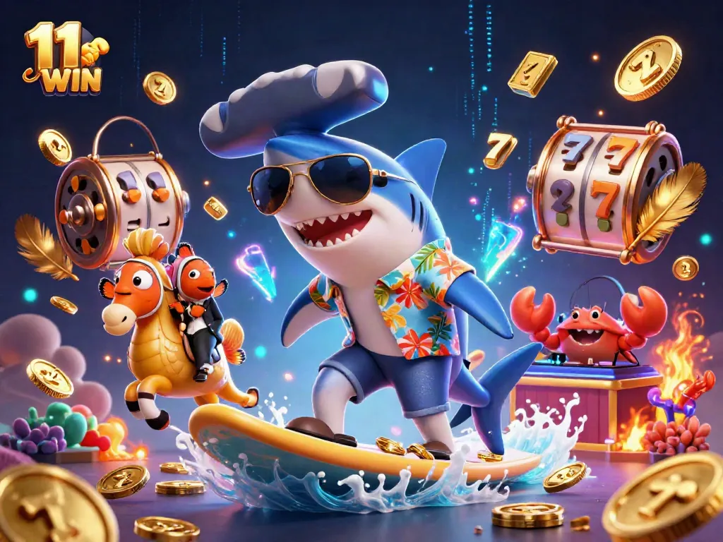 Play exciting games at 11 WIN while a fun shark surfing on gold coins steals the spotlight.