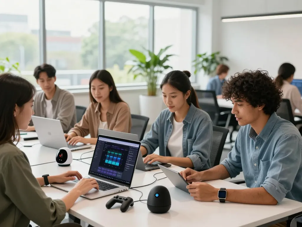Showcasing trending tech gadgets in a collaborative office environment