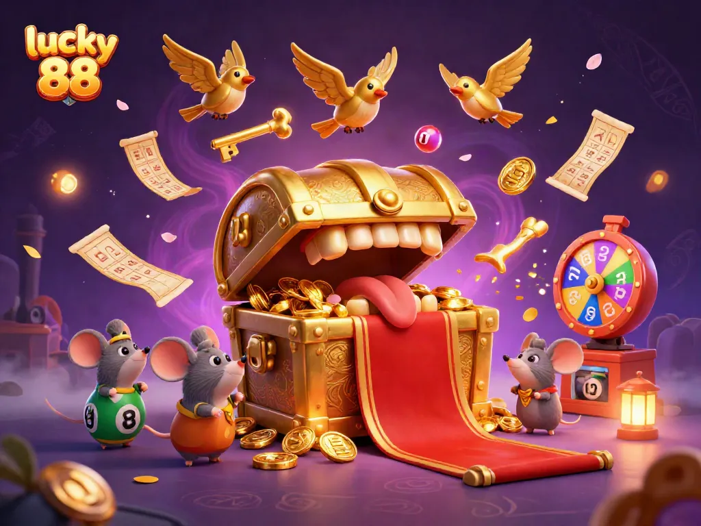 Immerse in the excitement of lucky 88 with colorful balls and a golden treasure chest promising wealth.