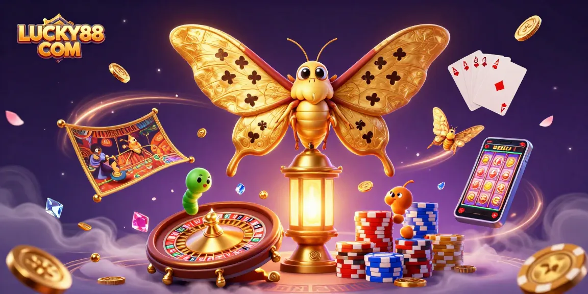 Experience thrilling gameplay at LUCKY88 COM featuring vibrant casino scenes with an enchanted moth.