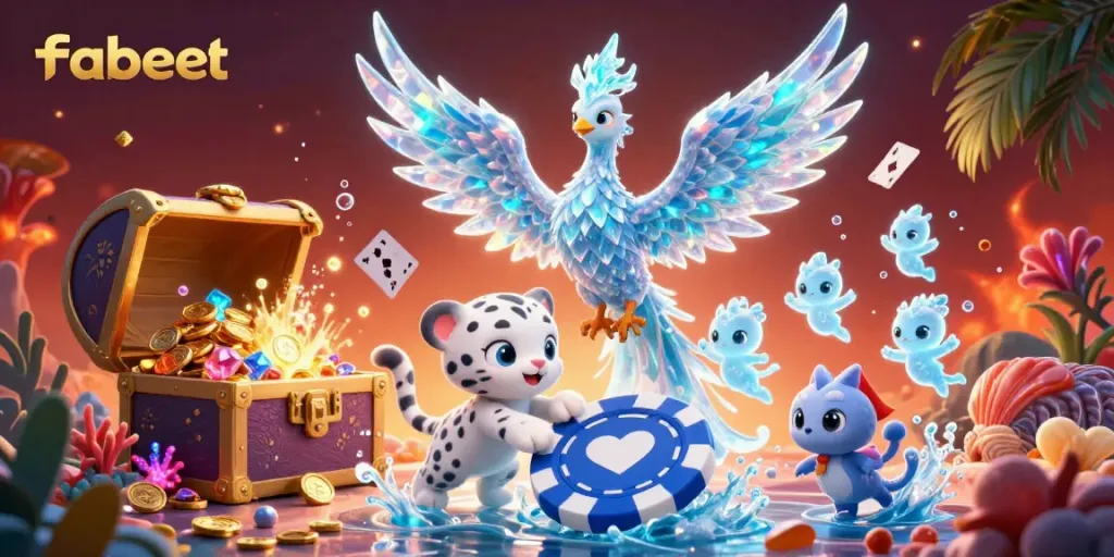 Join the excitement at fabet with an enchanting 3D illustration capturing an ice phoenix and playful characters immersed in a vibrant gaming environment.