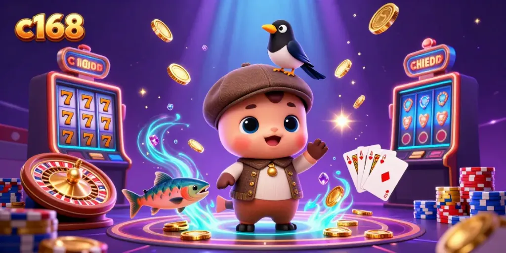 Spin the reels and win with c168 in this vibrant 3D cartoon casino scene.