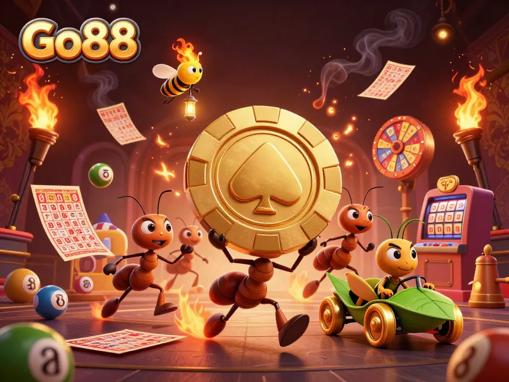 Go88 ants heist scene with golden poker chip and lottery elements illustrating fun online gaming.