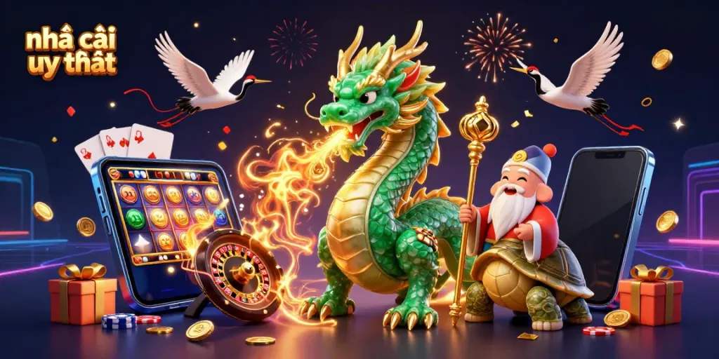 Engaging scene featuring a massive emerald jade dragon and wise turtle sage amidst vibrant casino elements, highlighting nhà cái uy tín.