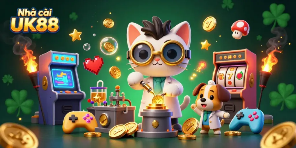Experience exciting gaming action with Nhà cái UK88's stunning 3D casino illustration, featuring vibrant game elements and characters.