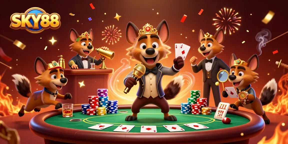 Experience the vibrant energy of SKY88 with hyena characters in a lively casino setting.